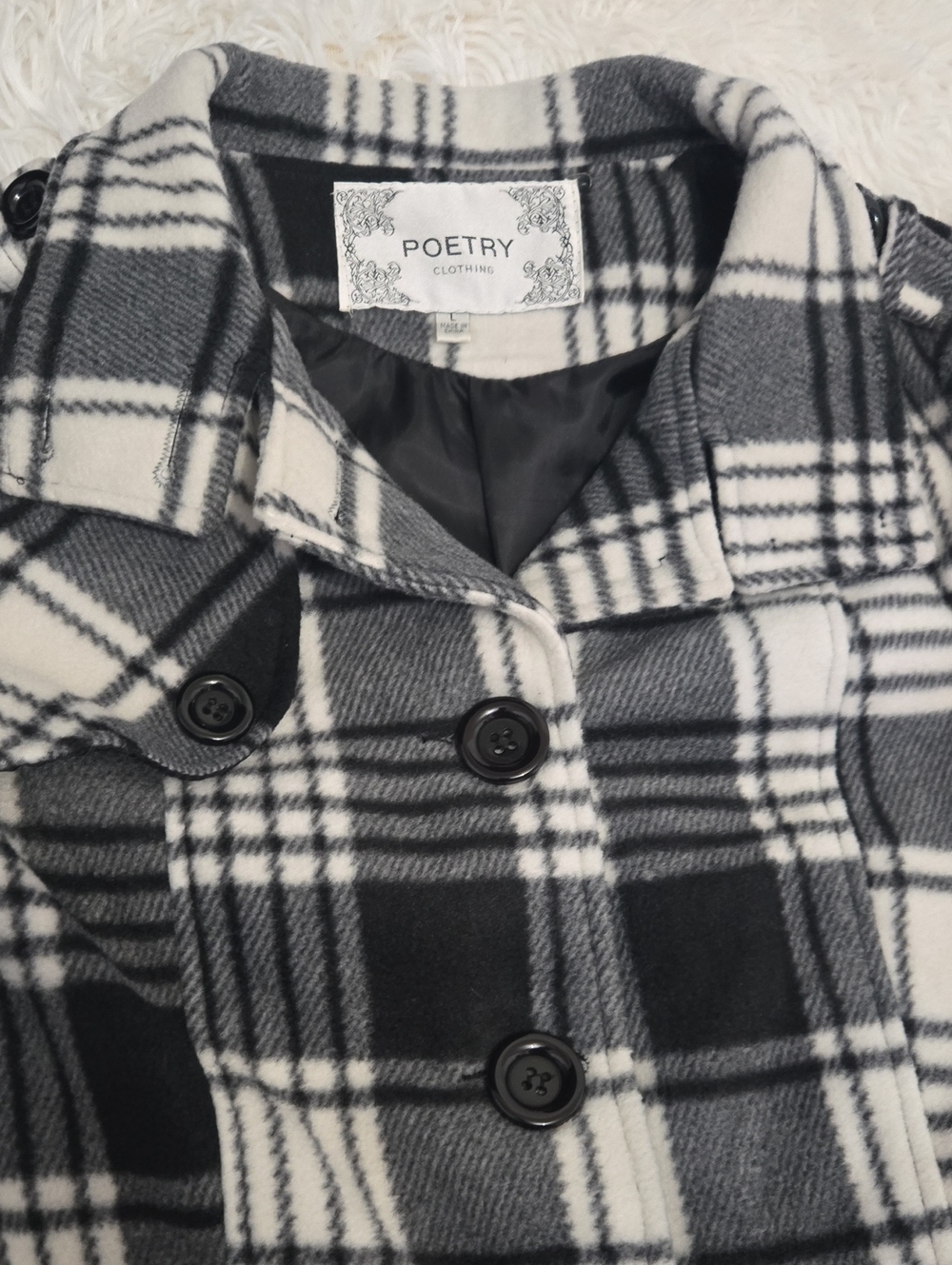 Poetry Womens Black and White Plaid Pea Coat Size L